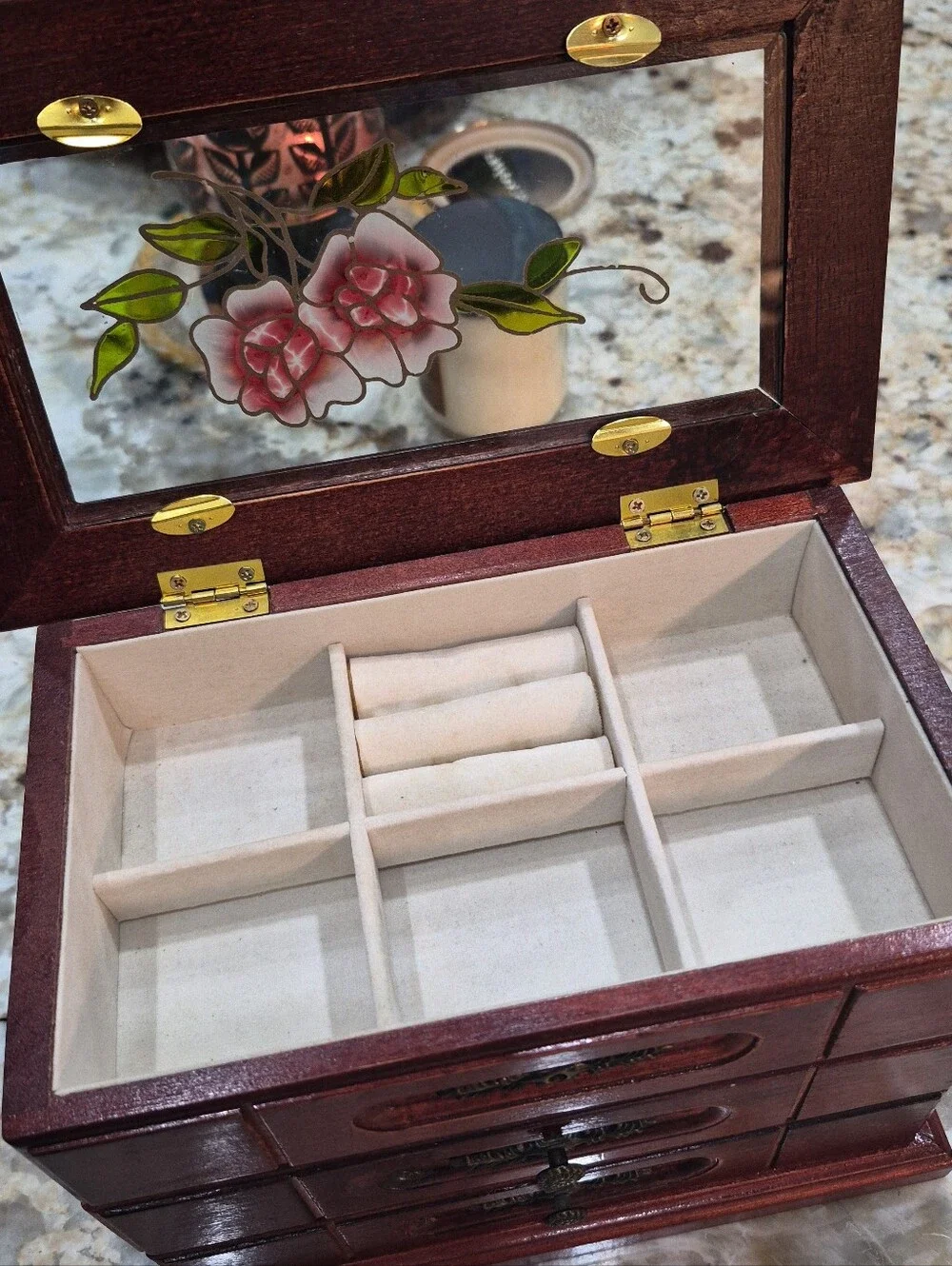 Vintage Wooden Jewelry Box With Floral Stained Glass & Drawers Cottagecore
